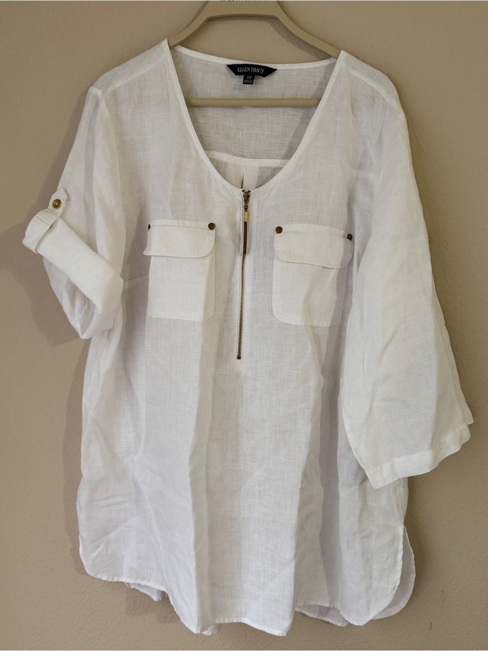 Ellen Tracy White Linen Zip-Front Pocket Tunic